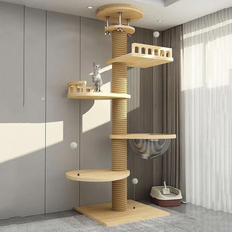 Armação de escalada de madeira para gatos Torre de árvore extra grande Arranhador Brinquedo de gatos Móveis de casa de esconderijo Suprimentos de treinamento para gatos 260-270cm - Image 1