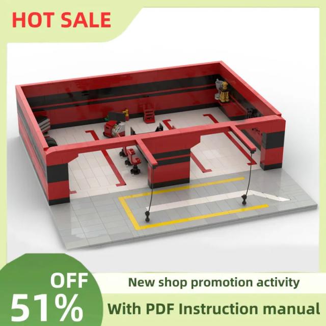 Nova cidade vista de rua moc modular velocidade campeões f1 pitstop garagem modelo blocos de construção diy ideias criativas kidtoy presente aniversário