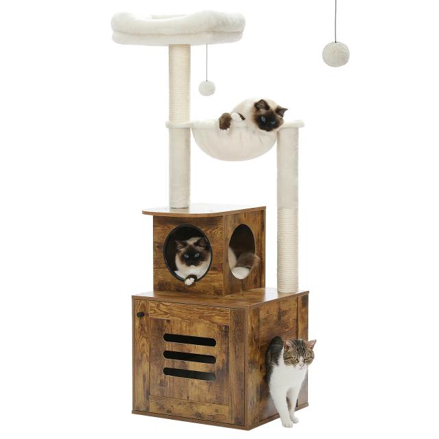 Árvore de Madeira com Caixa de Areia para Gatos - Torre Grande com Arranhador, Raspador e Brinquedos Inclusos