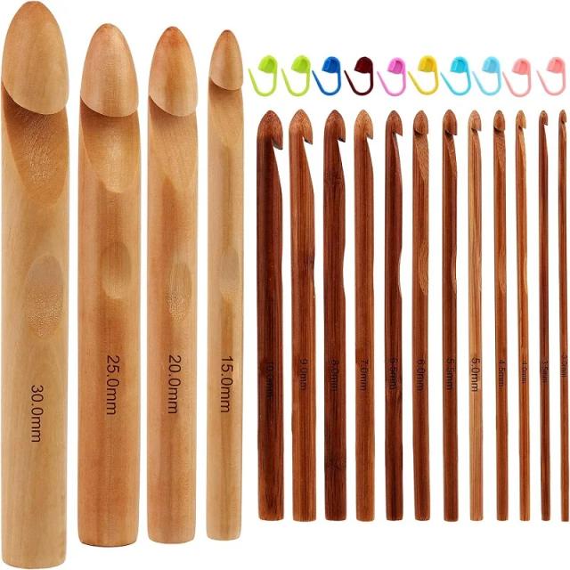 Kit Completo com 16 Ganchos de Crochê de Madeira e 10 Marcadores de Ponto para Tricô e DIY