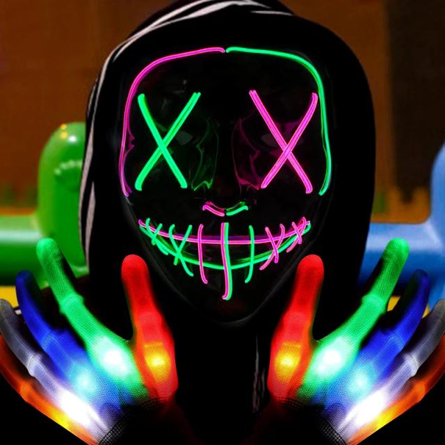Máscara de Néon LED com Luvas Brilhantes - Ideal para Festas Masquerade, Trajes Cosplay e Brilho Noturno, Presente Perfeito de Natal