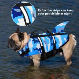 Cão de estimação colete salva-vidas roupas colete colete salva-vidas arnês cão de estimação natação verão roupa de banho roupas de camuflagem tubarão azul fúcsia - Image 5