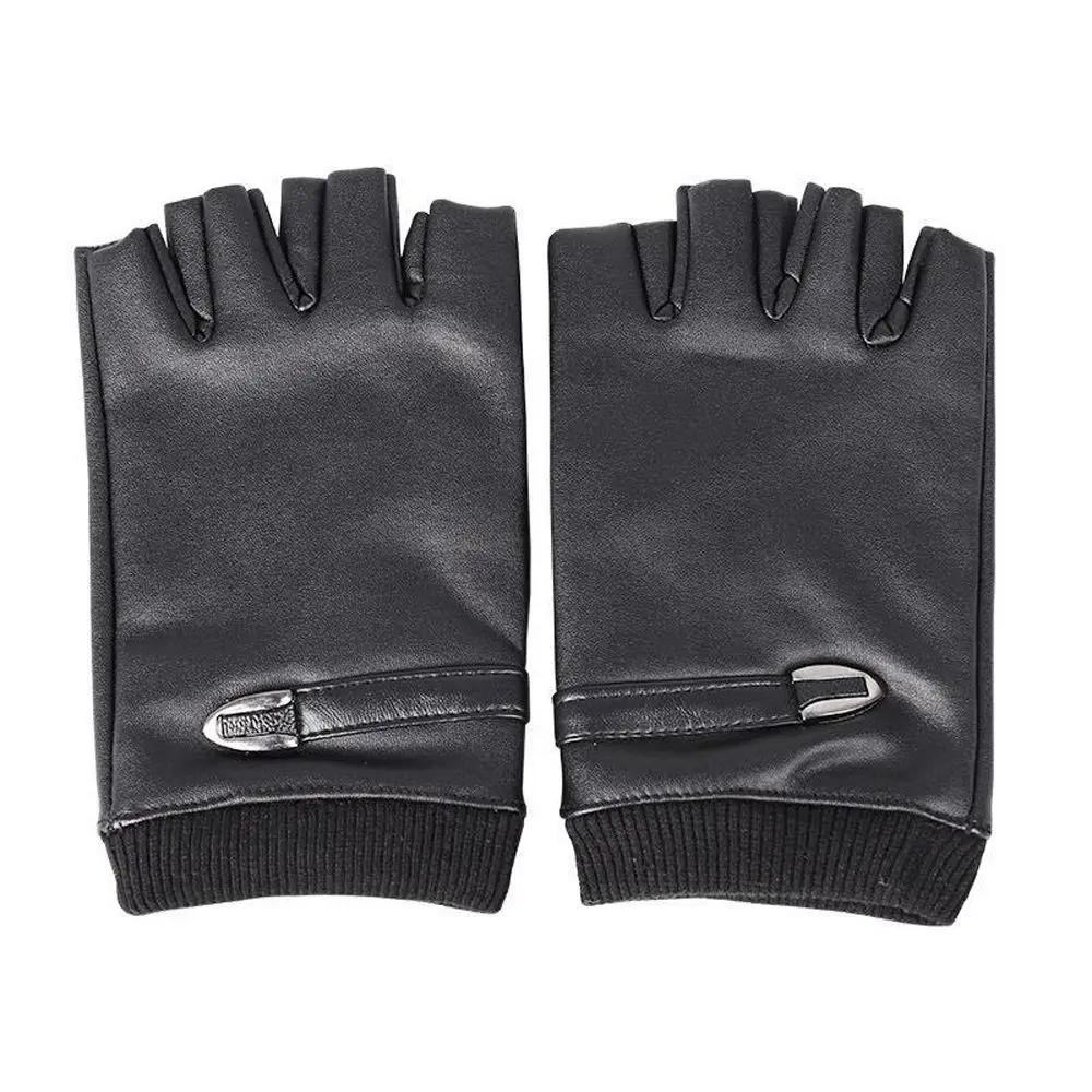 Luvas sem dedos de couro PU masculino, botão sólido, quente, meio dedo, dirigindo, equitação - Image 1