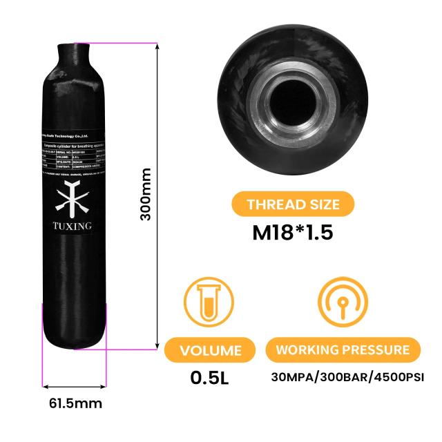 Tanque de Alta Pressão TUXING 0.5L de Fibra de Carbono para Mergulho Autônomo - 300 Bar / 4500 Psi com Rosca M18 x 1.5