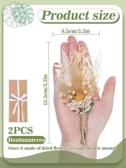 Boho Boutonniere com alfinetes para homens, padrinhos do noivo, flor artificial, mini buquê, decoração de outono, casamento de bolso, 2 peças - Image 3