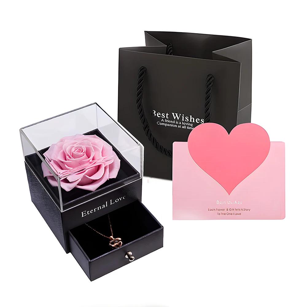 Eterna Caixa Rosa com Colar, Flores Preservadas, Cristal, Presentes para Mamãe, Esposa, Namorada, Ela, Dia de Aniversário - Image 1