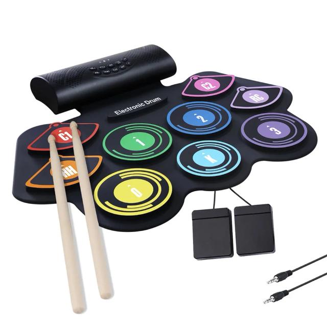 Kit de Bateria Eletrônica Roll Up para Crianças com Baquetas, Pedal e Alto-Falante Embutido - 9 Almofadas Inclusas
