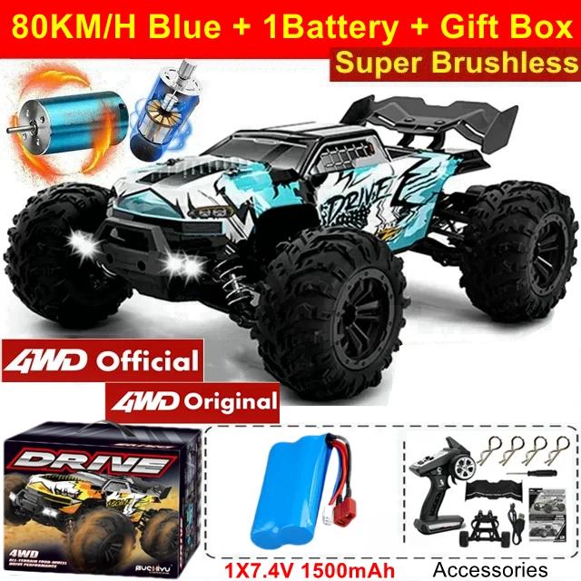 Carro super sem escova, 80 km ou 50 km/h 4wd rc com controle remoto led, alta velocidade, corrida de deriva, 4x4, caminhão off road, brinquedo adulto para crianças