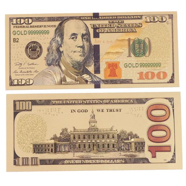 5 Peças de Notas de Dólar Douradas 24k Folha de Ouro $100