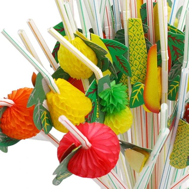 Conjunto com 100 Canudos de Plástico Multicoloridos para Festas - 24cm, Tema Havaiano com Frutas