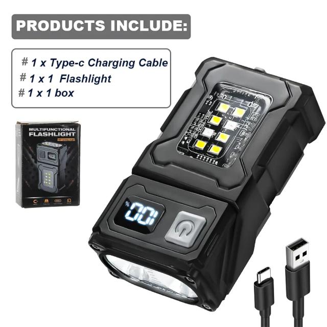 Lanterna LED Recarregável Super Brilhante com USB, Tocha Magnética e Luz de Advertência Vermelha e Azul - Multifuncional COB Worklight Atualizada