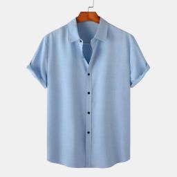 Camisa respirável de manga curta masculina, gola lapela, design solto, top de cor sólida para conforto, verão - Image 1