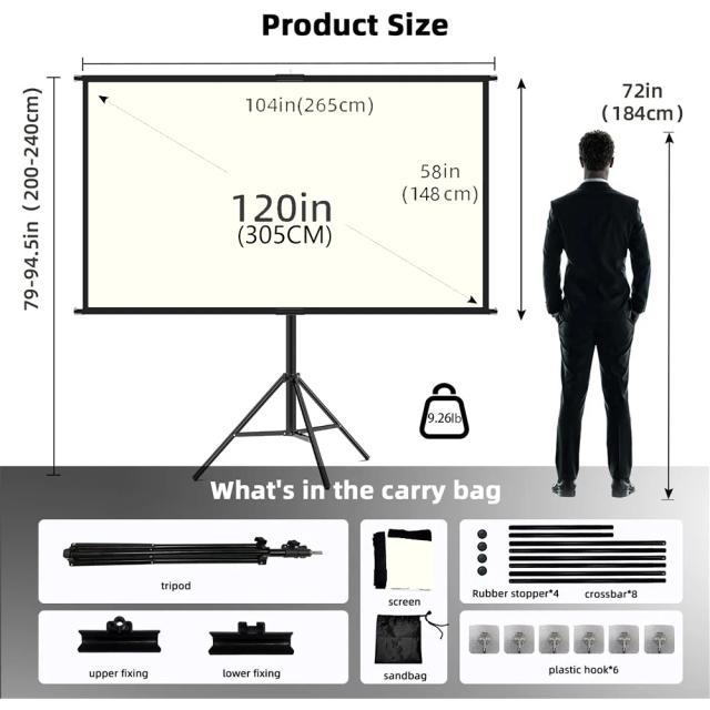 Tela de Projeção 4K HD com Suporte, Grade Branca e Anti-Leve - Disponível em 100 e 120 Polegadas, Ideal para Home Theater e Uso ao Ar Livre com Ganho 2.0