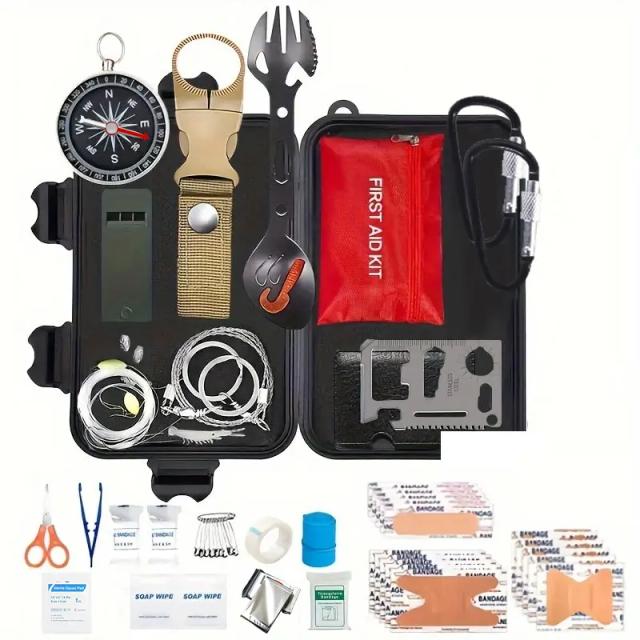 Kit de Sobrevivência 57-em-1: Equipamento Completo de Emergência com Fire Starter para Camping, Pesca e Situações SOS