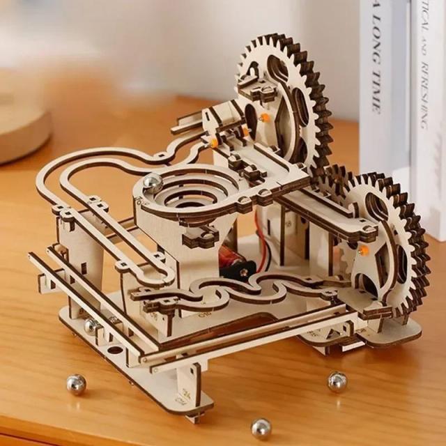 Modelo Mecânico de Puzzle em 3D: Catapulta Elétrica e Corrida de Bolas - Presente Criativo de Madeira para Crianças