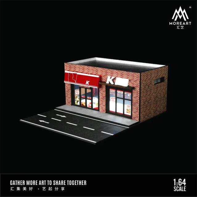 Iluminação Deslumbrante do Restaurante MoreArt: Exibição da Cena com Estacionamento e Coleção de Presentes em Escala 1:64