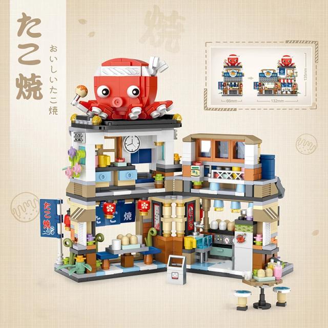 Modelo de Arquitetura de Rua Mini Cidade com Blocos Dobráveis: Takoyaki Shop e Cafetaria - Presente Criativo para o Natal