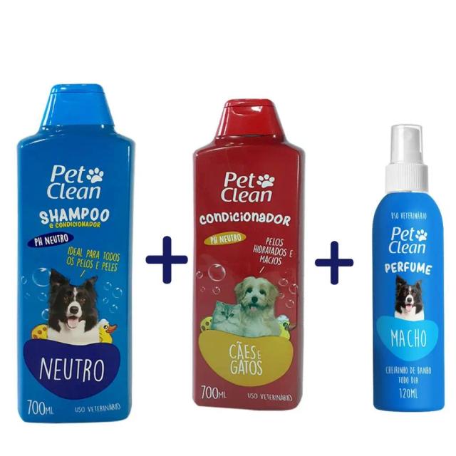 Kit Completo de Banho para Cachorros e Gatos Machos - Shampoo 2 em 1 Neutro com Condicionador e Perfume Econômico