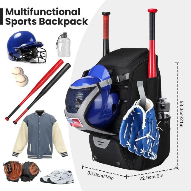 Mochila de Beisebol para Jovens com Compartimento para Sapatos, Gancho e Acessórios Inclusos como Luvas e Capacetes