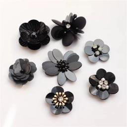 Patches feitos à mão com contas pretas para roupas, apliques com flor, tecido, 3d, remendos com buraco, glitter, decoração, diy - Image 2