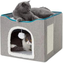 Cama grande para gatos com bola fofa pendurada e scratch pad, dobrável de dupla camada, camas para gatos internos dormindo, todas as estações - Image 1