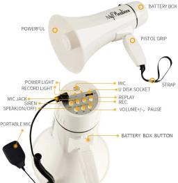 Bullhorn portátil do pa do orador do megafone da potência de 35 watts com microfone handheld incorporado sirene 240s gravação (branco) - Image 3