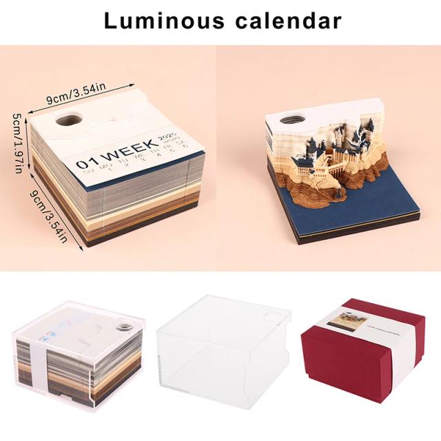 Calendário de Mesa 2025 com Luzes LED e Design Criativo para Notas DIY e Memorandos em 3D
