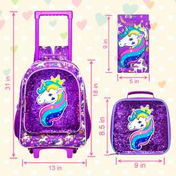 Mochila rolante para meninas e crianças, saco de rolo com lancheira, design de caneta padrão de unicórnio, função luminosa, 3 peças - Image 4