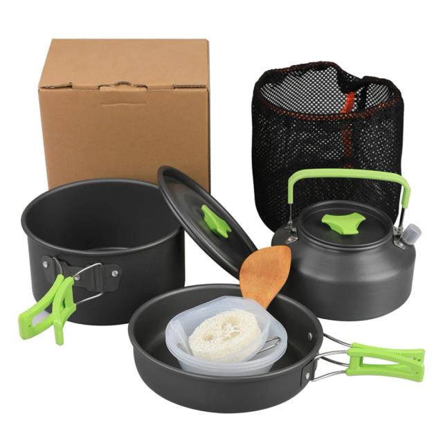 Conjunto Completo de Panelas para Acampamento e Piquenique com 9 Peças: Panela, Frigideira, Chaleira, Tigela, Colher e Mais