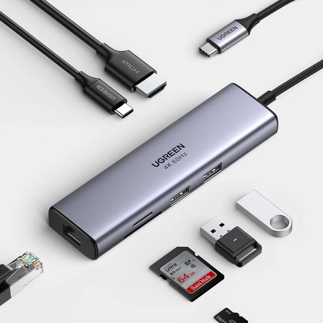 UGREEN Hub USB-C 7-em-1 4K60Hz HDMI SD TF 5Gbps USB3.0 PD100W