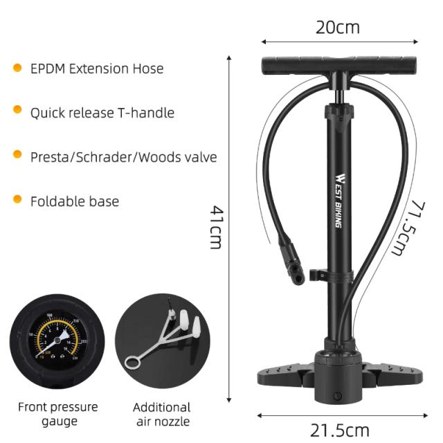 Bomba de Alta Pressão para Bicicletas West Biking com Manômetro e Design Dobrável em Alumínio - Ideal para MTB e Estrada, Inflador de Pneus até 230 PSI