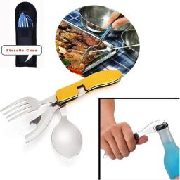 Aço inoxidável Folding Pocket Cutelaria, Camping Utensílios, Caminhadas Kits, Kits de Sobrevivência, Viagem, 4 em 1 - Image 2