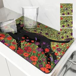 Tapete Absorvente Estilo Aquarela, Plantas Flores e Animais, Talheres Gatinho, Esteira De Secagem, Suprimentos De Cozinha, Talheres Bar Suprimentos - Image 1
