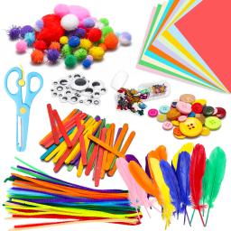 Diy arte artesanato kit para crianças pompons tubo pena espuma flores letras adesivo de cristal wiggle olhos googly kits de material artesanal - Image 1