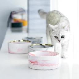 Tigela de cerâmica marmorecom suporte de madeira para animais, tigelas duplas para comida e água, suprimentos de alimentação elevados para filhotes pequenos e gatos - Image 3