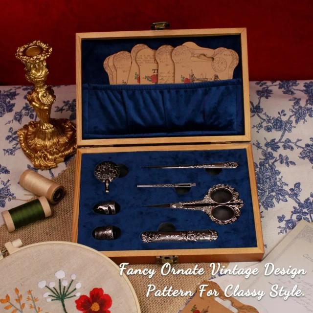 Conjunto Completo de Costura Vintage em Estilo Europeu Antigo com Bordados e Tesouras para DIY e Artesanato