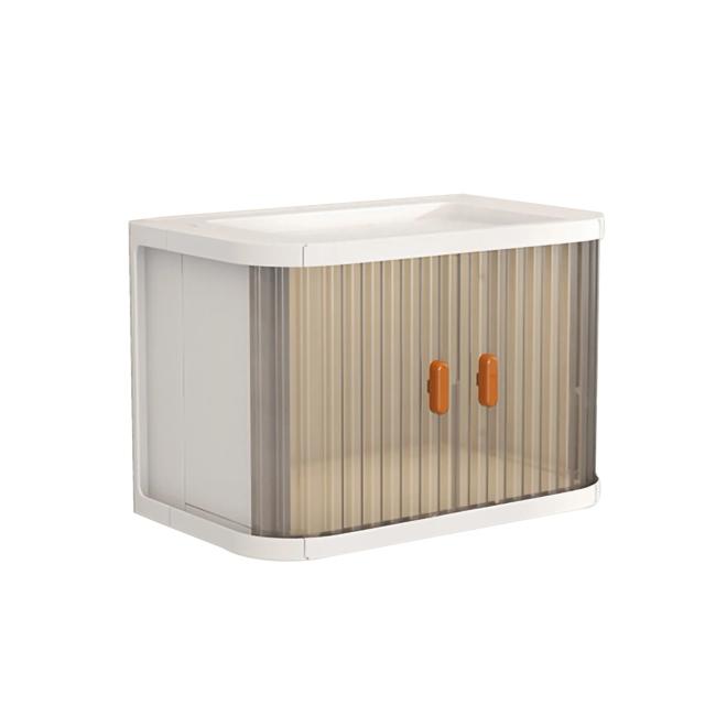 Caixa de Armazenamento Dobrável com Portas Duplas – Organizadores Empilháveis para Cosméticos e Lanches com Grande Capacidade