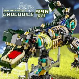 Conjunto de construção de tubarão mecânico, vida marinha crocodilo papagaio mantis blocos de construção luz, anfíbios presente animal para criança - Image 4