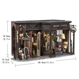 Diy casas de boneca de madeira cafeteria mágica casa kit de construção em miniatura villa casa de bonecas com móveis luzes led para meninas presentes - Image 5