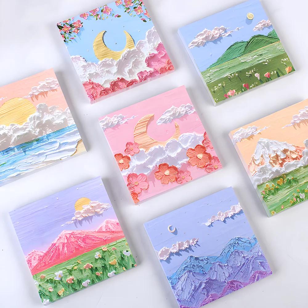 Pintura a óleo Notas pegajosas, Bonito Kawaii Floral Memo Pad, Post Notepad, Papelaria de arte estética, Checklist Planner Tabs, Novidade - Image 1