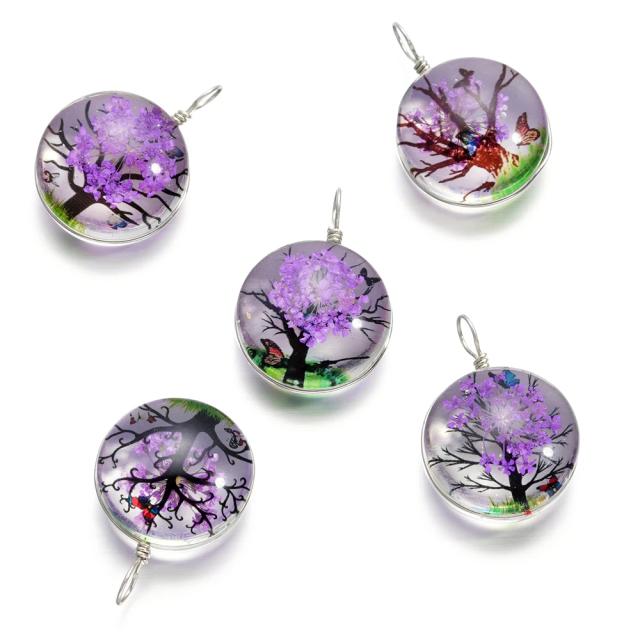 Colar de Pingente Oval com Cristal de Vidro e Flor Seca - Conjunto de 5 Acessórios DIY para Joias 20x29mm