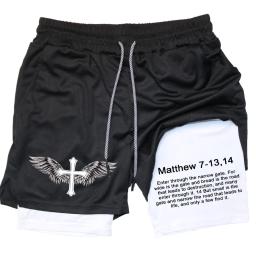 Calção de compressão esportiva casual masculina, performance impressa na Bíblia, malha, corrida, calça curta esportiva, treino para adultos, 2 em 1 - Image 1
