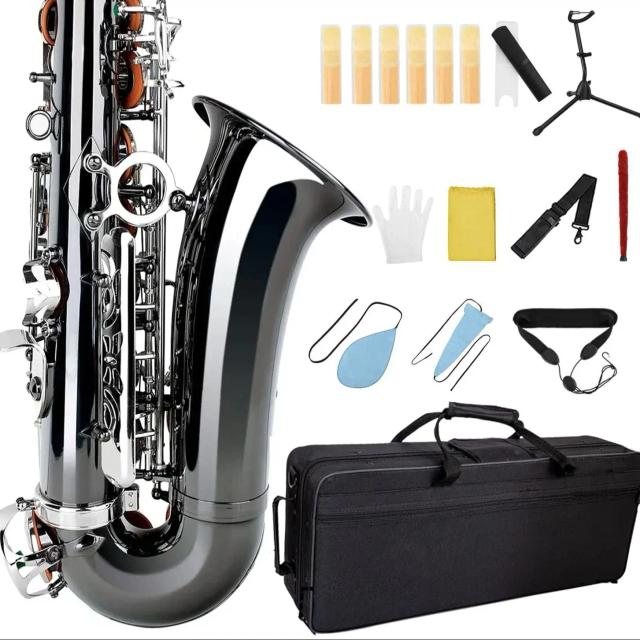 Saxofone Eb Alto Nickeling-Black para Iniciantes e Adultos com Estojo e Luva de Cinta