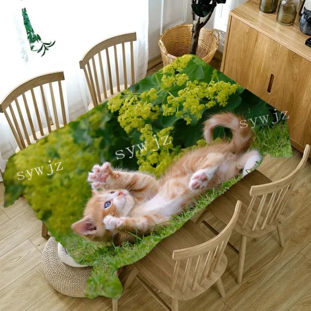 Toalha de Mesa Retangular em Linho com Estampa 3D de Cães e Gatos, Resistente a Manchas - Ideal para Jantares e Decoração de Restaurantes
