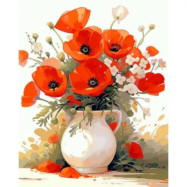 Kit de Pintura por Número Vaso de Flores em Óleo - Arte Moderna com Tintas Acrílicas para Decoração de Parede e Quarto