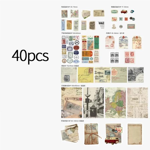 Conjunto de 40 adesivos vintage para colagem decorativa em diários, álbuns e scrapbooking