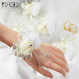 Pulseira elástica pérola para meninas, seda rosa, flores de pulso dama de honra, pulseira de casamento, flores mão, acessórios casamento - Image 2