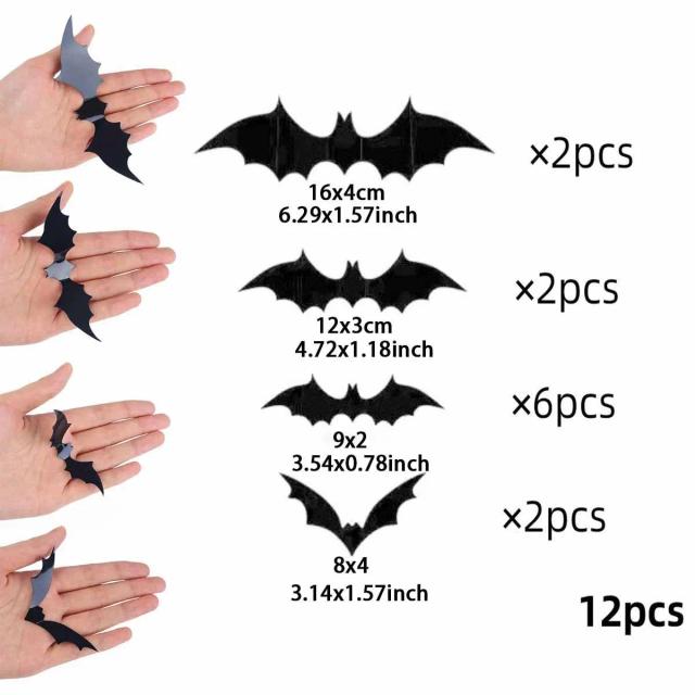 Decoração de Parede 3D de Morcegos para Halloween - Adesivos Impermeáveis em Preto, 12 e 72 Peças, 4 Tamanhos para Transformar Seu Quarto e Casa com Temática Assustadora