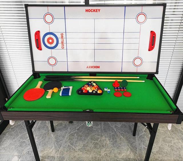 Mesa Multiuso 4 em 1 Dobrável: Bilhar, Ping Pong, Hóquei no Gelo e Shuffleboard – Ideal para Crianças e Adultos, 48"