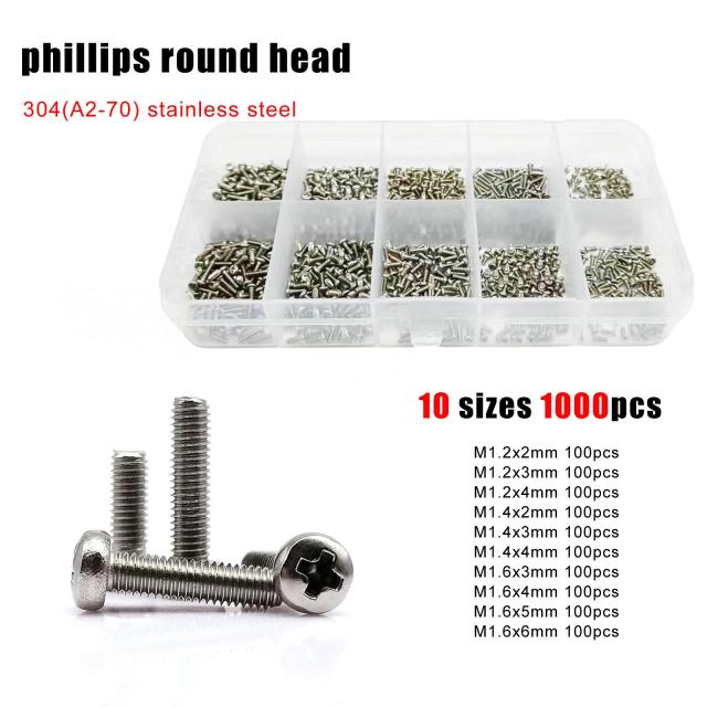 1000 pc/caixa micro pequeno m1.2 m1.4 m1.6 parafuso conjunto kit para carro de brinquedo produtos eletrônicos óculos telefone 304 aço inoxidável preto